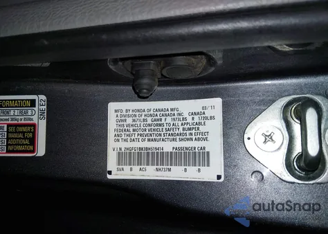 2011 Honda Civic Ex z USA, uszkodzony, nr VIN 2HGFG1B83BH519414